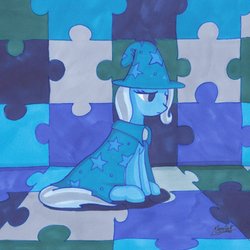 Size: 1500x1500 | Tagged: safe, artist:moonlightscribe, trixie, pony, unicorn, g4, female, jigsaw, mare, puzzle, solo, traditional art