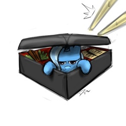 Size: 500x500 | Tagged: safe, artist:atticus83, trixie, pony, unicorn, g4, bento, chopsticks, female, frown, glare, inconvenient trixie, looking at you, mare, ponies in food, simple background, solo focus, sushi, white background