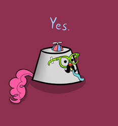 Size: 904x972 | Tagged: safe, artist:mr-1, pinkie pie, earth pony, pony, g4, bucket, female, glasses, hat, headbucket, hiding, propeller hat, reaction image, solo, yes