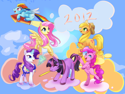 Size: 2000x1500 | Tagged: safe, artist:hylianguardians, applejack, fluttershy, pinkie pie, rainbow dash, rarity, twilight sparkle, g4, 2012, cloud, cloudy, eyes closed, magic, mane six, rocket, unshorn fetlocks