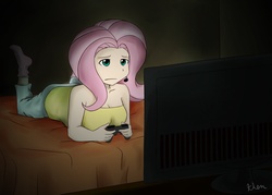 Size: 1400x1000 | Tagged: safe, artist:kprovido, fluttershy, human, g4, breasts, busty fluttershy, gamershy, gaming, humanized, solo, video game
