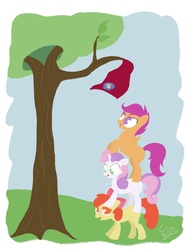 Size: 900x1164 | Tagged: safe, artist:citron--vert, apple bloom, scootaloo, sweetie belle, g4, pile, scootaloo can't fly, tree