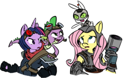 Size: 2000x1263 | Tagged: safe, artist:stormygeddon, angel bunny, fluttershy, spike, twilight sparkle, anthro, g4, colored, crossover, jak and daxter, parody, playstation, playstation all-stars battle royale, ratchet and clank, simple background, transparent background