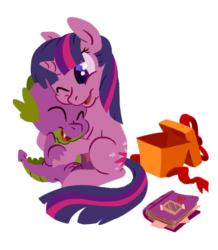 Size: 425x487 | Tagged: safe, artist:ersatzenchanter, spike, twilight sparkle, dragon, pony, unicorn, g4, book, female, hug, male, mare