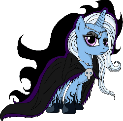 Size: 620x614 | Tagged: safe, artist:elisabethianna, trixie, pony, unicorn, g4, cape, clothes, eyeshadow, fantasy class, female, gif, goth, gothic, looking at you, makeup, necromancer, non-animated gif, simple background, solo, transparent background