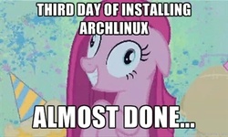 Size: 400x240 | Tagged: safe, pinkie pie, earth pony, pony, g4, arch linux, derp, female, floppy ears, grin, image macro, linux, meme, pinkamena diane pie, smiling, solo, text, wide eyes