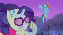 Size: 1280x720 | Tagged: safe, screencap, rainbow dash, rarity, g4, sleepless in ponyville, blushing, camping outfit