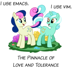 Size: 900x860 | Tagged: safe, artist:madmax, edit, bon bon, lyra heartstrings, sweetie drops, earth pony, pony, unicorn, g4, best friends, emacs, female, intertwined tails, lesbian, linux, ship:lyrabon, shipping, simple background, transparent background, vim