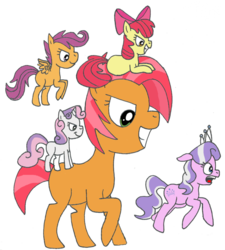 Size: 600x666 | Tagged: safe, artist:twitterfulpony, apple bloom, babs seed, diamond tiara, scootaloo, sweetie belle, earth pony, pony, g4, chase, cutie mark crusaders, flying, giant pony, macro