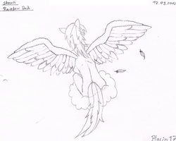Size: 1024x821 | Tagged: safe, artist:platin17, rainbow dash, anthro, g4, cloud, feather, female, humanized, monochrome, pencil, pencil drawing, sketch, solo, traditional art, wings