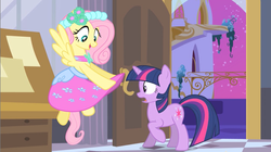 Size: 641x358 | Tagged: safe, screencap, fluttershy, twilight sparkle, pegasus, pony, unicorn, a canterlot wedding, g4, bridesmaid dress, bridesmaid fluttershy, clothes, dress, female, flutterbeautiful, gown, jaw drop, mare, out of context, playing with dress, playing with skirt, skirt, skirt lift