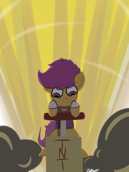 Size: 768x1024 | Tagged: safe, artist:jordanloo, scootaloo, pony, g4, explosion, explosives, female, solo, tnt
