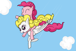 Size: 3000x2000 | Tagged: safe, artist:serenakks, pinkie pie, surprise, g1, g4, duo, flying, g1 to g4, generation leap, riding