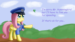 Size: 1920x1080 | Tagged: safe, artist:tunskaa, fluttershy, hummingbird, g4, clothes, hat, police, police officer, solo