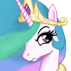 Size: 1000x1000 | Tagged: safe, artist:tunskaa, princess celestia, pony, g4, bust, female, frown, hair over one eye, portrait, raised eyebrow, solo, unamused