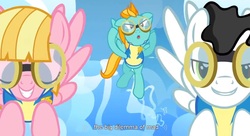 Size: 1587x863 | Tagged: safe, screencap, lightning dust, meadow flower, mercury, starry eyes (g4), g4, my little pony: friendship is magic, wonderbolts academy, goggles, wonderbolt trainee uniform, youtube caption, youtube link