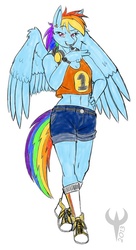 Size: 400x736 | Tagged: safe, artist:ethanqix, rainbow dash, anthro, g4, belly button, clothes, female, headphones, midriff, piercing, shirt, shoes, shorts, sneakers, socks, solo, watch