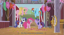 Size: 856x472 | Tagged: safe, screencap, fluttershy, pinkie pie, rainbow dash, rarity, twilight sparkle, g4, the last roundup, balloon, youtube caption