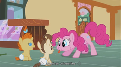 Size: 853x470 | Tagged: safe, screencap, pinkie pie, pound cake, pumpkin cake, earth pony, pony, unicorn, baby cakes, g4, baby, baby pony, colt, female, filly, foal, male, trio, youtube caption