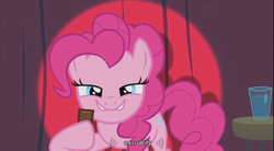 Size: 853x470 | Tagged: safe, screencap, pinkie pie, baby cakes, g4, glass of water, youtube caption