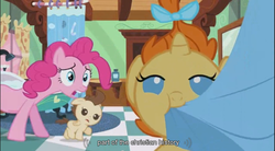 Size: 854x472 | Tagged: safe, screencap, pinkie pie, pound cake, pumpkin cake, baby cakes, g4, christianity, nom, religion, youtube caption