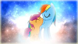 Size: 1920x1080 | Tagged: safe, artist:overmare, artist:rainbowdashyy, rainbow dash, scootaloo, g4, scootalove, vector, wallpaper