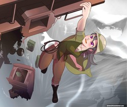 Size: 4496x3800 | Tagged: safe, artist:mrw32, daring do, human, g4, action pose, falling, female, hanging, humanized, uncharted, vertigo