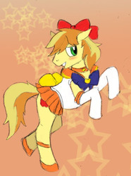 Size: 306x412 | Tagged: safe, artist:lupinrager, braeburn, earth pony, pony, g4, clothes, cosplay, crossdressing, sailor moon (series), skirt, solo