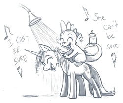 Size: 1100x915 | Tagged: safe, artist:pedantia, spike, twilight sparkle, dragon, pony, unicorn, g4, happy, mane 'n tail, product placement, shampoo, shower, showering, singing, singing in the shower, the failure song, washing hair, wet mane