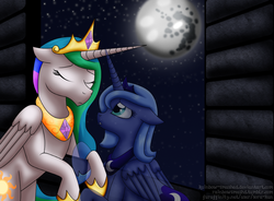 Size: 777x571 | Tagged: safe, artist:rainbow-smashed, princess celestia, princess luna, g4, mare in the moon, moon, s1 luna, spectral