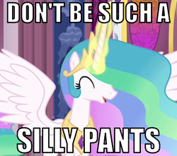 Size: 455x403 | Tagged: safe, edit, edited screencap, screencap, princess celestia, alicorn, pony, g4, the crystal empire, cute, cutelestia, image macro, silly pants