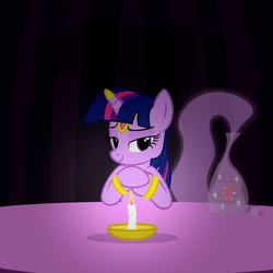 Size: 1400x1400 | Tagged: safe, artist:navitaserussirus, twilight sparkle, genie, genie pony, pony, unicorn, g4, bedroom eyes, bottle, candle, female, mare, solo