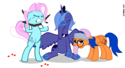 Size: 1364x745 | Tagged: dead source, safe, artist:dotrook, minty, princess luna, oc, oc:abacus, alicorn, earth pony, pegasus, pony, g3, g4, abacus, clothes, facehoof, female, g3 to g4, generation leap, glasses, mare, s1 luna, simple background, socks, transparent background