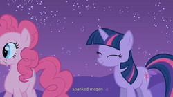 Size: 1176x662 | Tagged: safe, screencap, megan williams, pinkie pie, twilight sparkle, g4, owl's well that ends well, implied megan williams, implied spanking, youtube caption