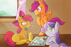 Size: 1172x769 | Tagged: safe, artist:mastercheefs, apple bloom, scootaloo, sweetie belle, earth pony, pegasus, pony, unicorn, g4, cutie mark crusaders, female, filly, monopoly, monopony, sweetie belle is not amused, unamused
