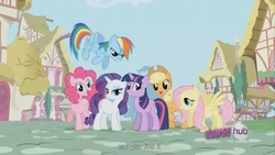 Size: 1176x662 | Tagged: safe, screencap, applejack, fluttershy, pinkie pie, rainbow dash, rarity, twilight sparkle, g4, female, opening, youtube caption