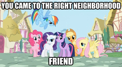 Size: 624x344 | Tagged: safe, applejack, fluttershy, pinkie pie, rainbow dash, rarity, twilight sparkle, g4, image macro, mane six, wrong neighborhood