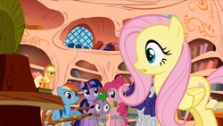 Size: 1176x662 | Tagged: safe, screencap, applejack, fluttershy, pinkie pie, rainbow dash, rarity, spike, twilight sparkle, earth pony, pegasus, pony, unicorn, bridle gossip, g4, appletini, eric clapton, flutterguy, hairity, micro, rainbow crash, spitty pie, twilight flopple, youtube caption