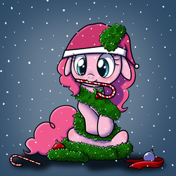 Size: 5000x5000 | Tagged: safe, artist:maplesunrise, artist:quasdar, pinkie pie, earth pony, pony, ask snuggle pie, g4, absurd resolution, candy, candy cane, christmas, christmas ornament, cute, decoration, diapinkes, female, hat, holly, mouth hold, ornament, santa hat, snow, snowfall, solo, tinsel