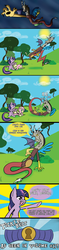 Size: 1500x6336 | Tagged: safe, artist:always-a-keepsake, discord, fluttershy, twilight sparkle, draconequus, pegasus, pony, unicorn, g4, belt, comic, laughing, mermaid man and barnacle boy iii, parody, remote, spongebob squarepants, tickling