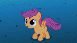 Size: 500x281 | Tagged: safe, edit, edited screencap, editor:notveryproductive, screencap, scootaloo, pegasus, pony, g4, owl's well that ends well, season 1, animated, caption, cute, cutealoo, female, filly, foal, jumping, night, pronking, scootachicken, text
