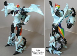 Size: 795x576 | Tagged: safe, rainbow dash, g4, ambiguous gender, arcee, customized toy, irl, photo, toy, transformers, transformers prime