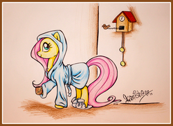 Size: 1000x727 | Tagged: safe, artist:kamisia, fluttershy, g4, bathrobe, bunny slippers, clock, clothes, cuckoo clock, hot chocolate