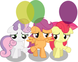 Size: 4460x3572 | Tagged: safe, artist:chrispy248, apple bloom, scootaloo, sweetie belle, earth pony, pegasus, pony, unicorn, g4, balloon, bow, cutie mark crusaders, female, floppy ears, looking down, sad, simple background, transparent background, trio, trio female, vector