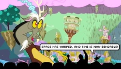 Size: 600x342 | Tagged: safe, discord, draconequus, g4, caption, chaos, chocolate, chocolate rain, cloud, cotton candy, cotton candy cloud, discorded landscape, floating island, food, green sky, image macro, male, mystery science theater 3000, ponyville town hall, rain