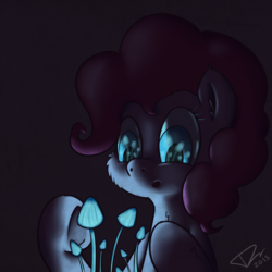 Size: 1500x1500 | Tagged: safe, artist:overlord103, pinkie pie, earth pony, pony, g4, chest fluff, eye reflection, female, glowing, glowing mushroom, mushroom, reflection, solo