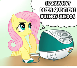 Size: 500x444 | Tagged: safe, fluttershy, g4, apple (company), computer, esto va a acabar en lagrimas, imac, imac g3, spanish, translated in the comments