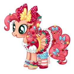 Size: 1004x1004 | Tagged: dead source, safe, artist:frogmakesart, part of a set, pinkie pie, earth pony, pony, g4, balloon, bow, candy, clothes, dress, female, food, lolita fashion, lollipop, puffy sleeves, simple background, socks, solo, strawberry, striped socks, transparent background, vector