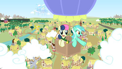 Size: 9600x5400 | Tagged: safe, artist:golemgeekery, bon bon, derpy hooves, lyra heartstrings, pinkie pie, sweetie drops, pegasus, pony, g4, absurd resolution, cloudsdale, female, hot air balloon, mare, ponyville, sweet apple acres, vector