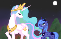 Size: 1500x960 | Tagged: safe, artist:c.c, princess celestia, princess luna, g4, moon, night, pixiv, s1 luna